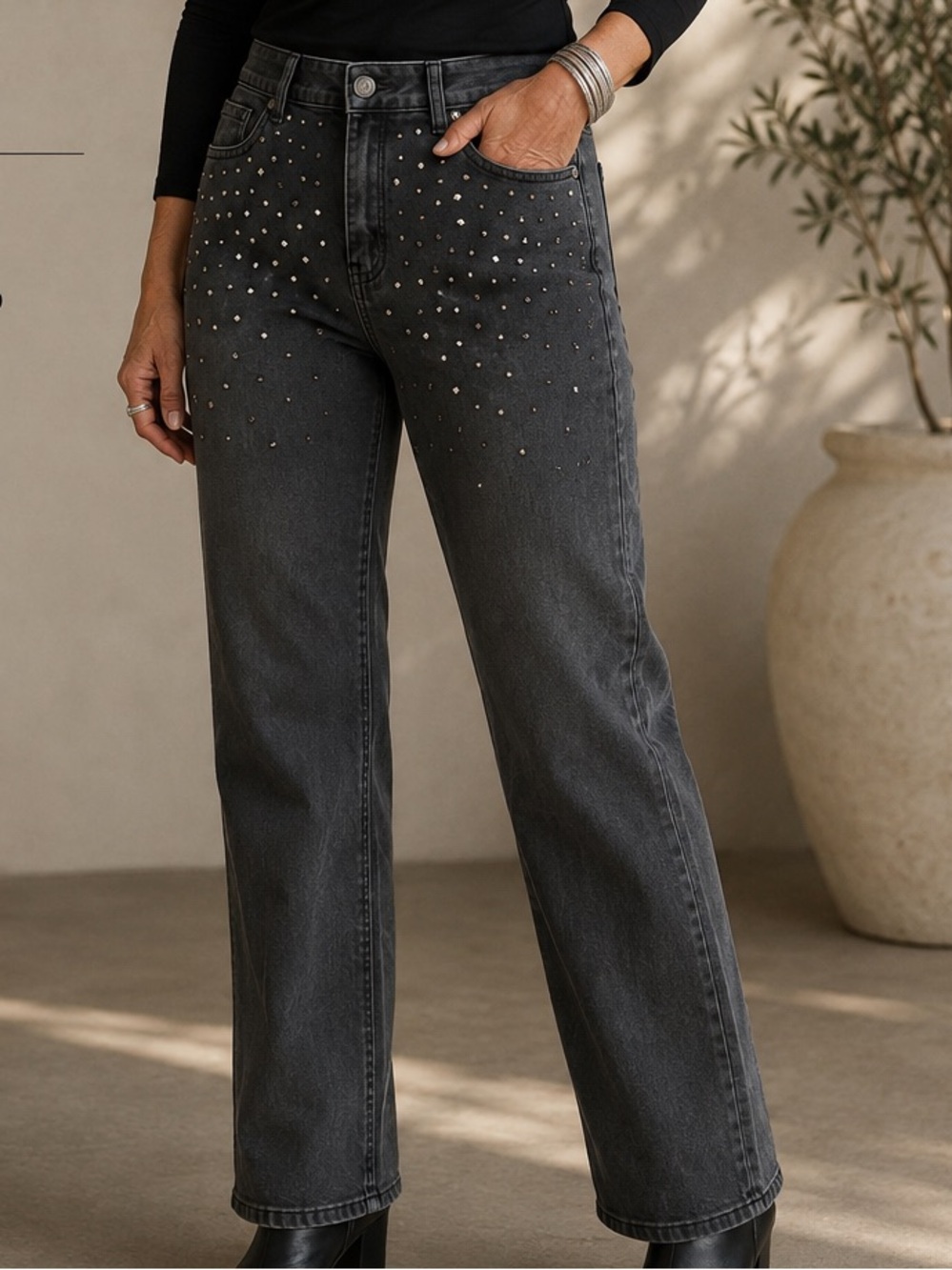 Modest Motion Y2K Rhinestone Embellished Black Jeans